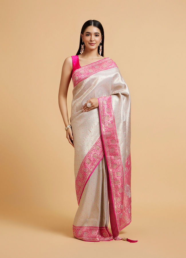 Mohey Women Cream and Pink Buta Patterned Saree with Rhinestone Work on Borders image number 0