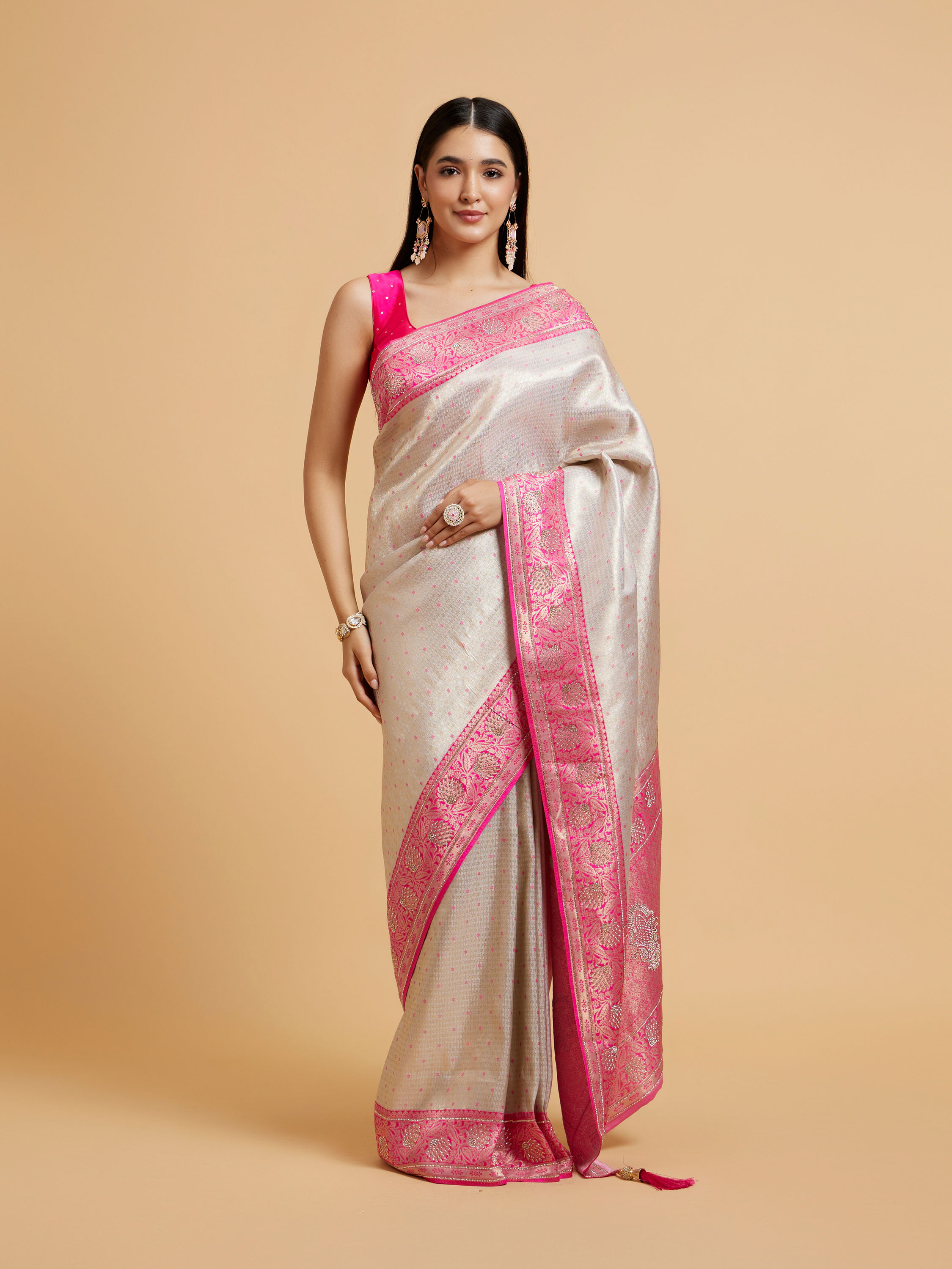 Mohey Women Cream and Pink Buta Patterned Saree with Rhinestone Work on Borders