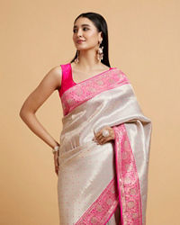 Mohey Women Cream and Pink Buta Patterned Saree with Rhinestone Work on Borders