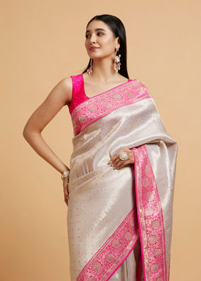 Mohey Women Cream and Pink Buta Patterned Saree with Rhinestone Work on Borders image number 1