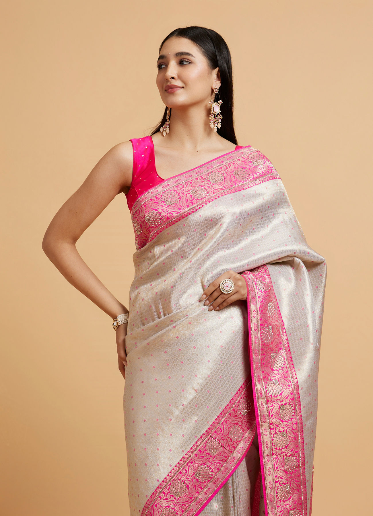 Mohey Women Cream and Pink Buta Patterned Saree with Rhinestone Work on Borders