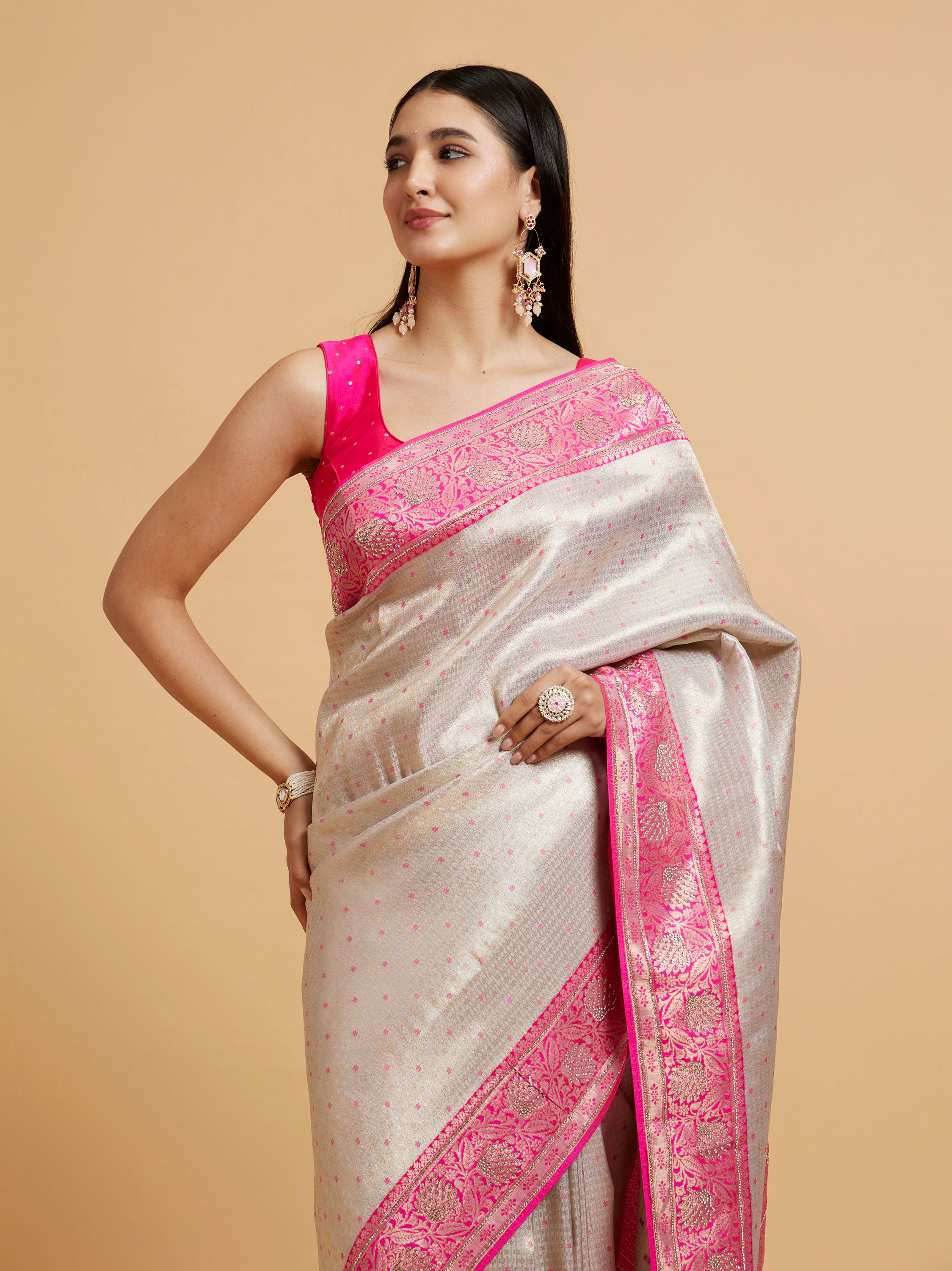 Mohey Women Cream and Pink Buta Patterned Saree with Rhinestone Work on Borders