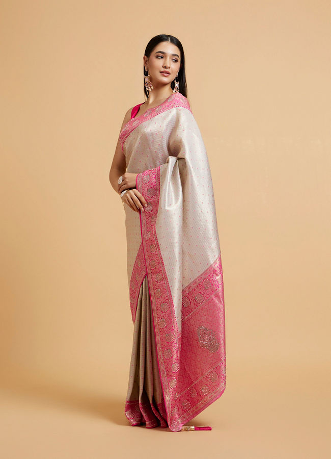 Mohey Women Cream and Pink Buta Patterned Saree with Rhinestone Work on Borders