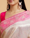 Mohey Women Cream and Pink Buta Patterned Saree with Rhinestone Work on Borders