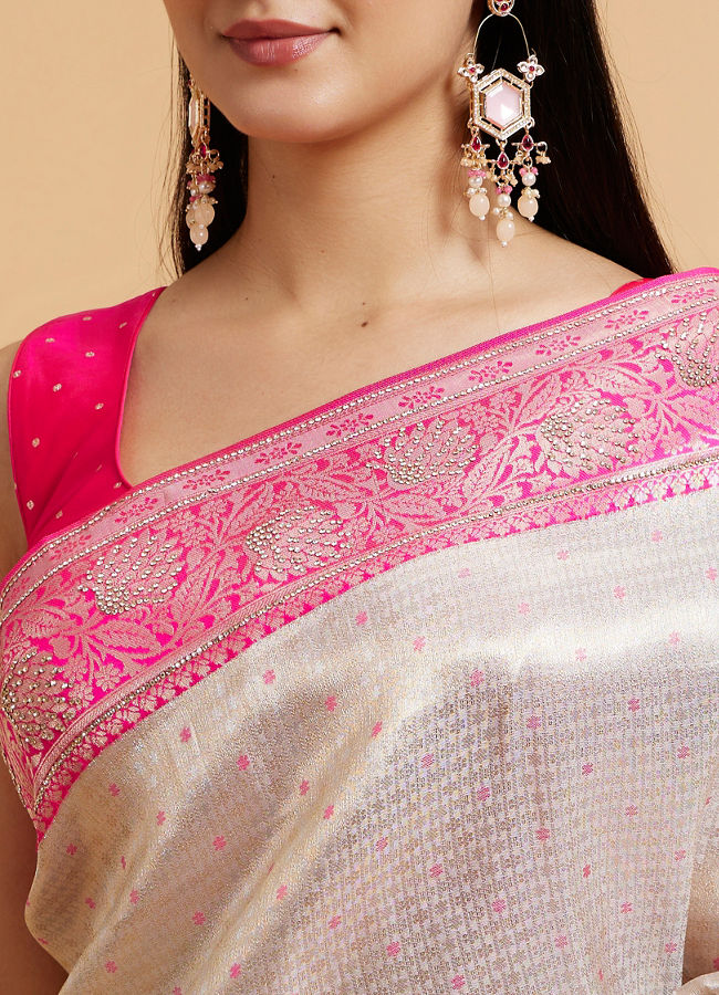 Mohey Women Cream and Pink Buta Patterned Saree with Rhinestone Work on Borders