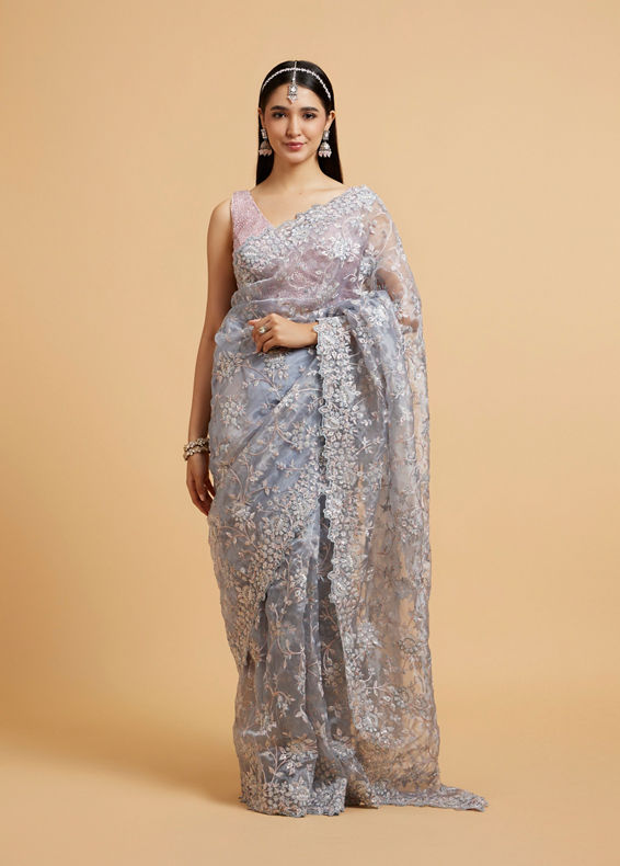 Mohey Women Ice Blue Bel Buti Embroidered Saree with Sequin Work