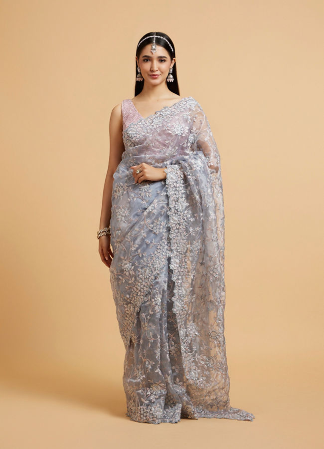 Mohey Women Ice Blue Bel Buti Embroidered Saree with Sequin Work