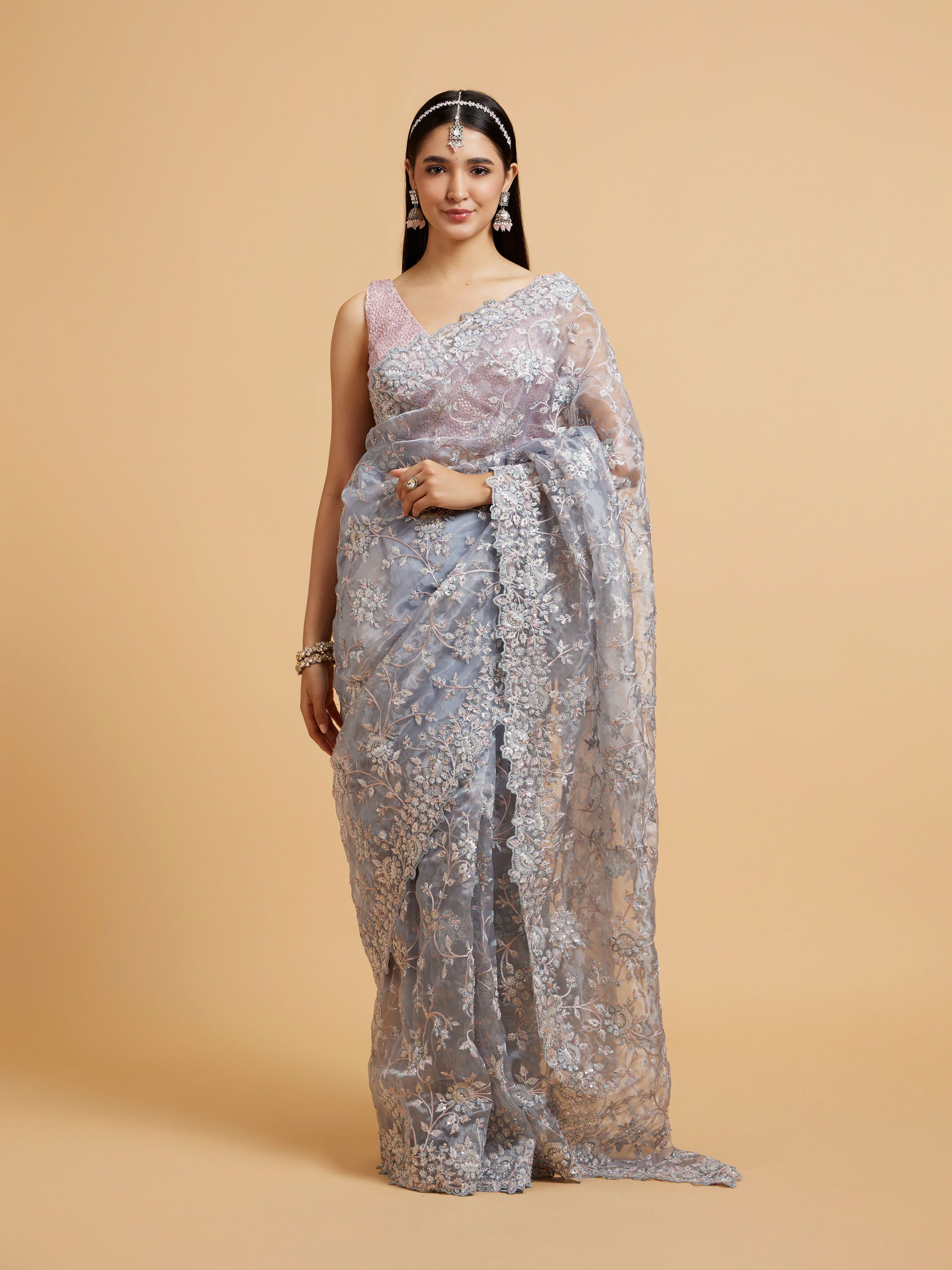 Mohey Women Ice Blue Bel Buti Embroidered Saree with Sequin Work