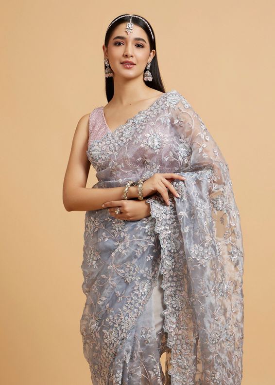 Mohey Women Ice Blue Bel Buti Embroidered Saree with Sequin Work