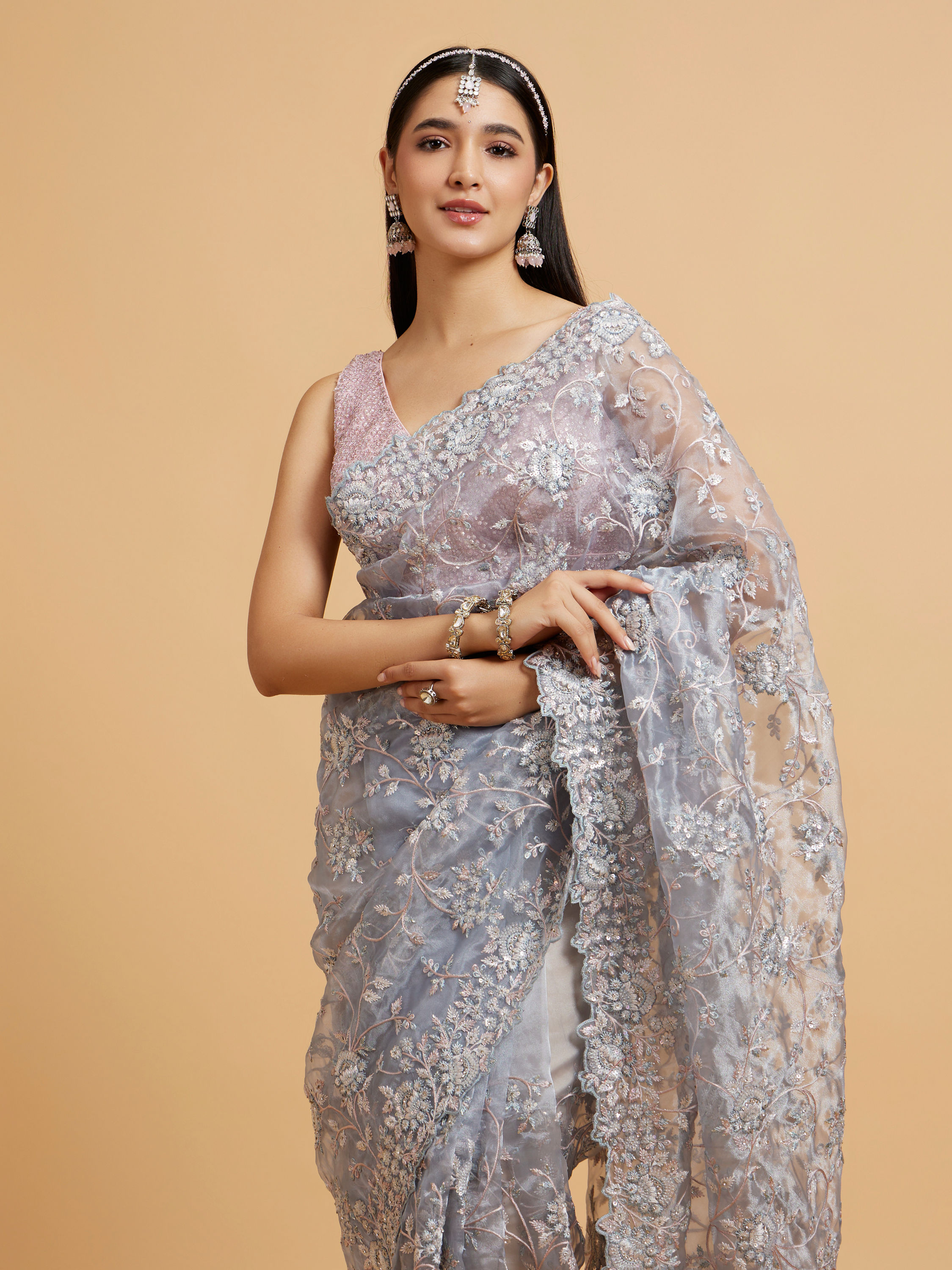 Mohey Women Ice Blue Bel Buti Embroidered Saree with Sequin Work