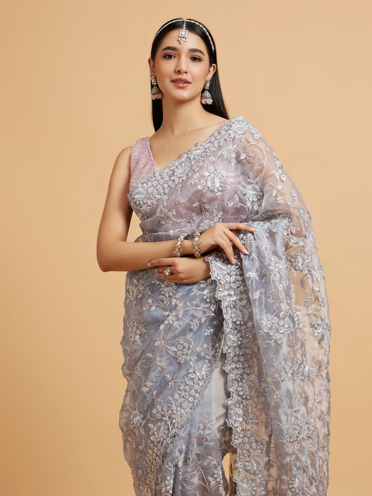Mohey Women Ice Blue Bel Buti Embroidered Saree with Sequin Work