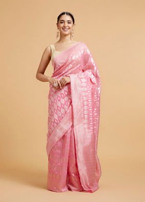 Mohey Women Barbie Pink Ogee Patterned Saree with Bel Patterned Borders image number 0