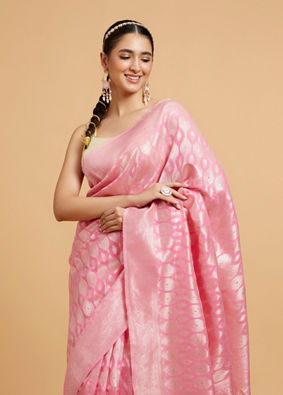 Mohey Women Barbie Pink Ogee Patterned Saree with Bel Patterned Borders image number 1