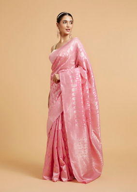 Mohey Women Barbie Pink Ogee Patterned Saree with Bel Patterned Borders image number 2