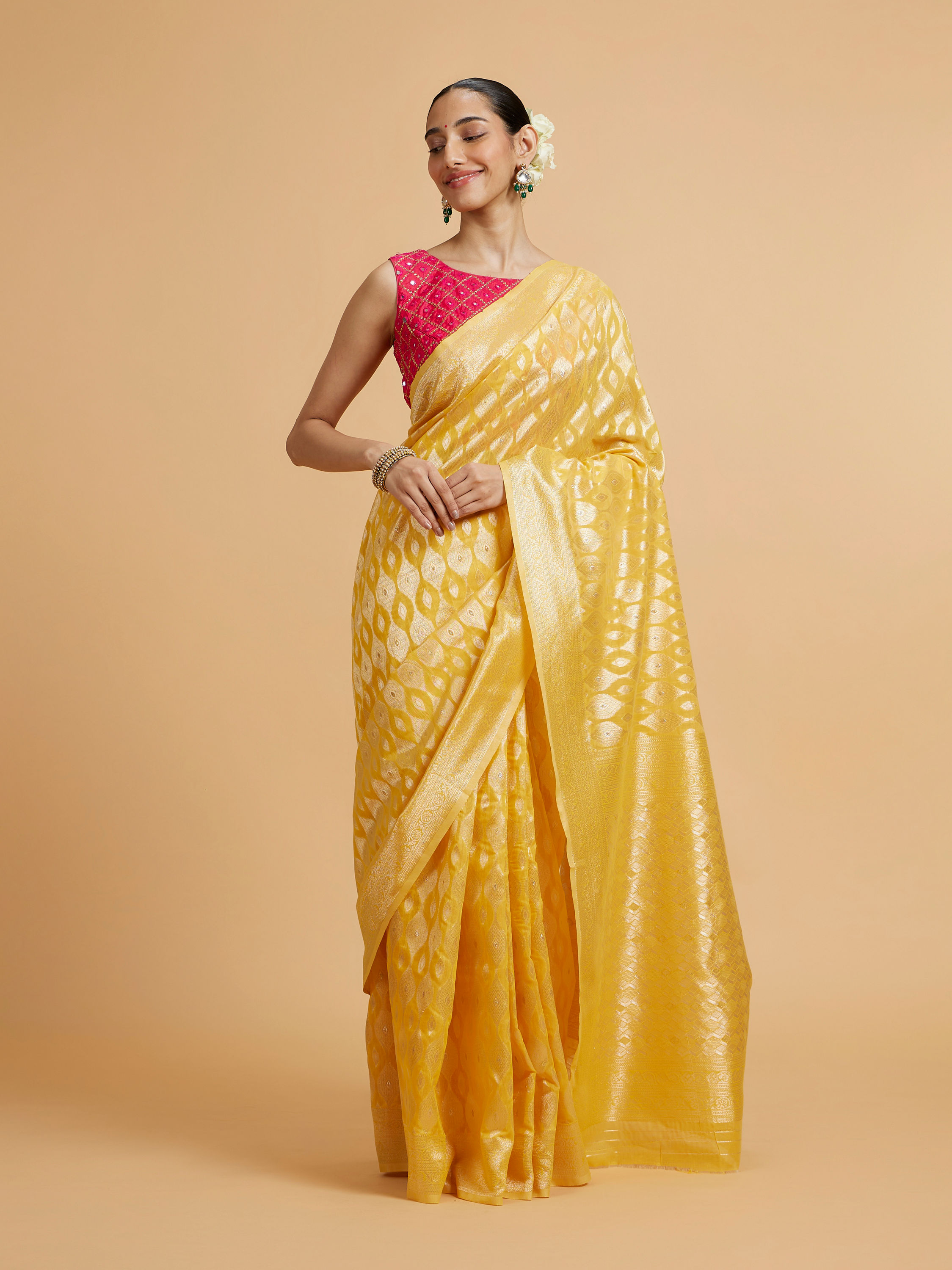 Mohey Women Golden Yellow Elegance Saree