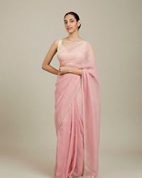 Mohey Women Candy Floss Pink Bel Butii Patterned Saree with Floral Pearl Butas