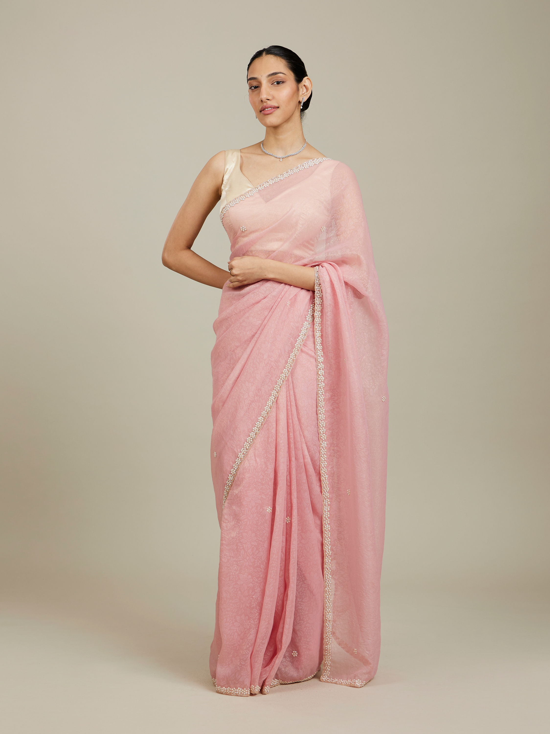 Mohey Women Candy Floss Pink Bel Butii Patterned Saree with Floral Pearl Butas