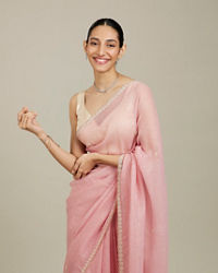 Mohey Women Candy Floss Pink Bel Butii Patterned Saree with Floral Pearl Butas