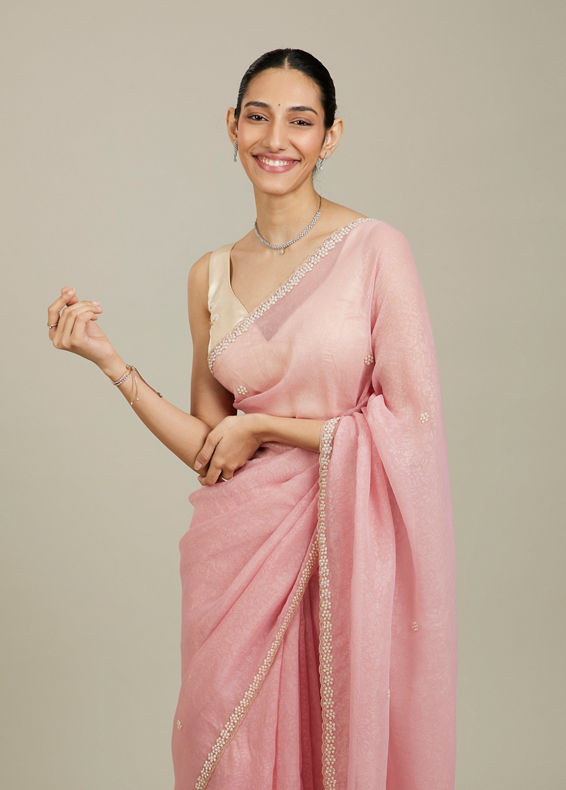 Mohey Women Candy Floss Pink Bel Butii Patterned Saree with Floral Pearl Butas
