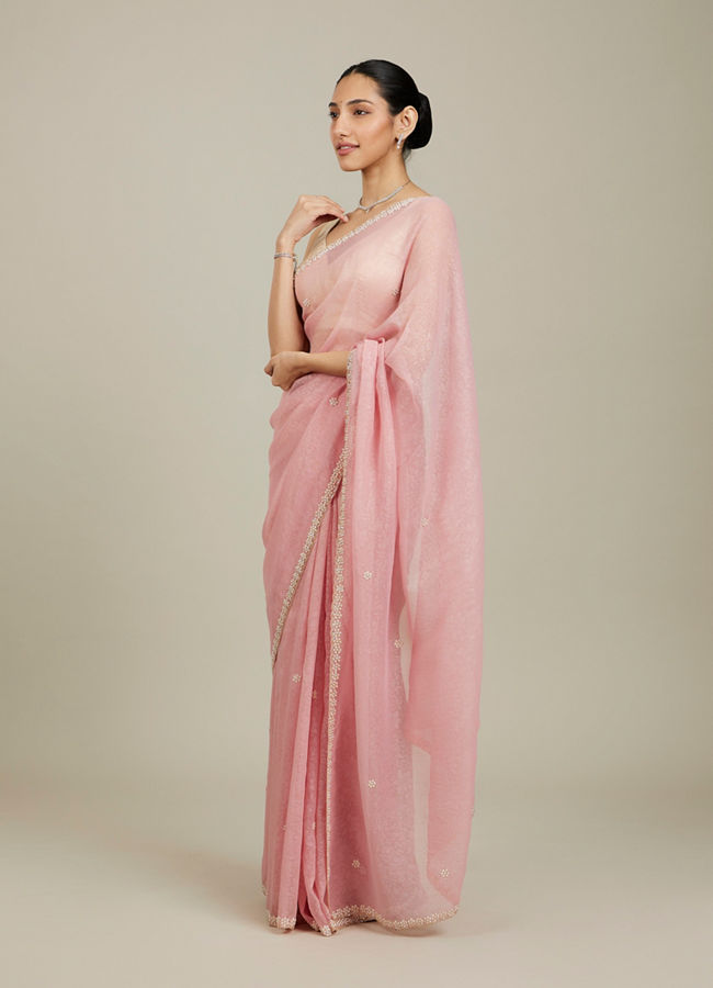 Mohey Women Candy Floss Pink Bel Butii Patterned Saree with Floral Pearl Butas