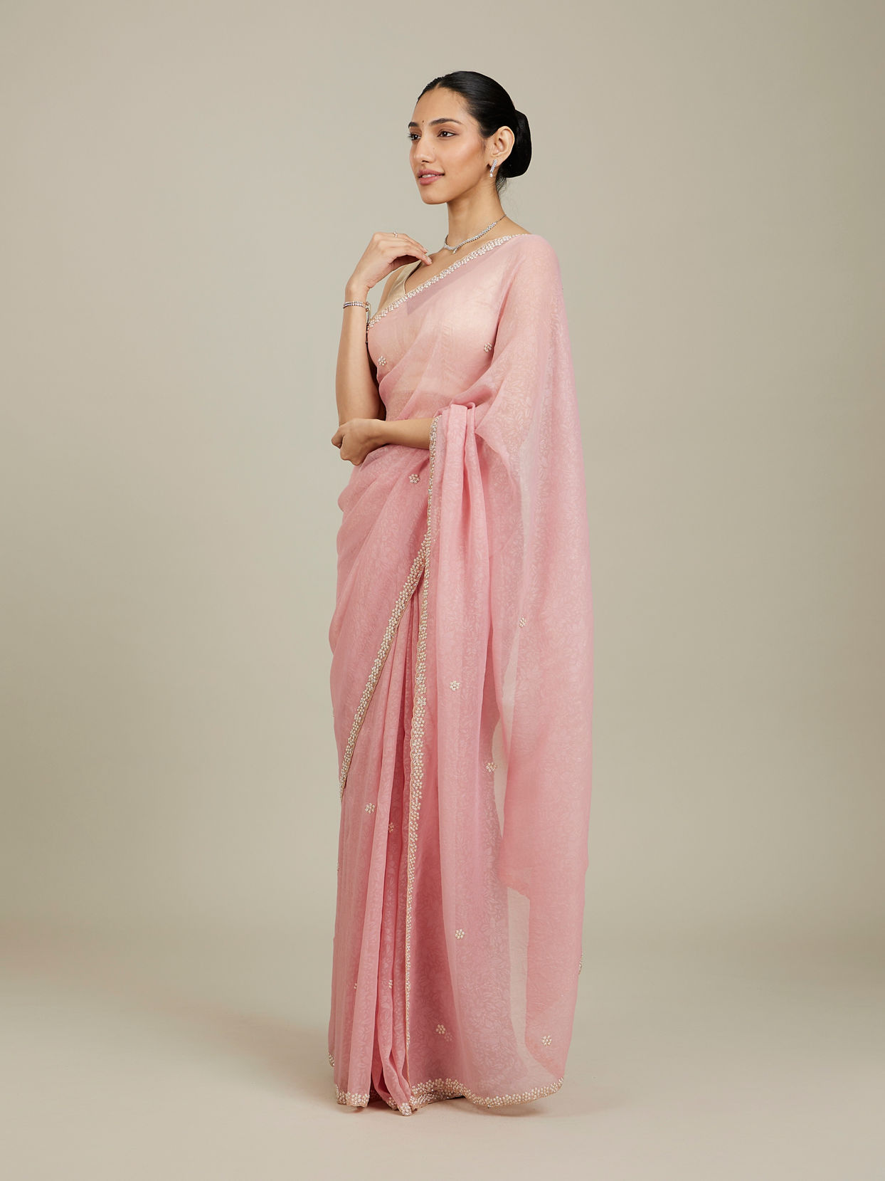 Mohey Women Candy Floss Pink Bel Butii Patterned Saree with Floral Pearl Butas