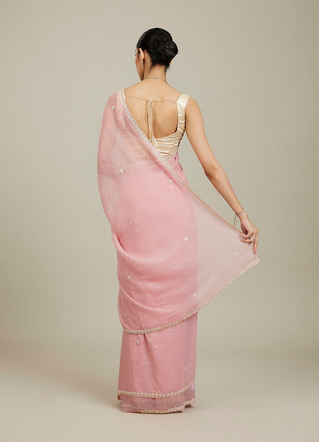Mohey Women Candy Floss Pink Bel Butii Patterned Saree with Floral Pearl Butas