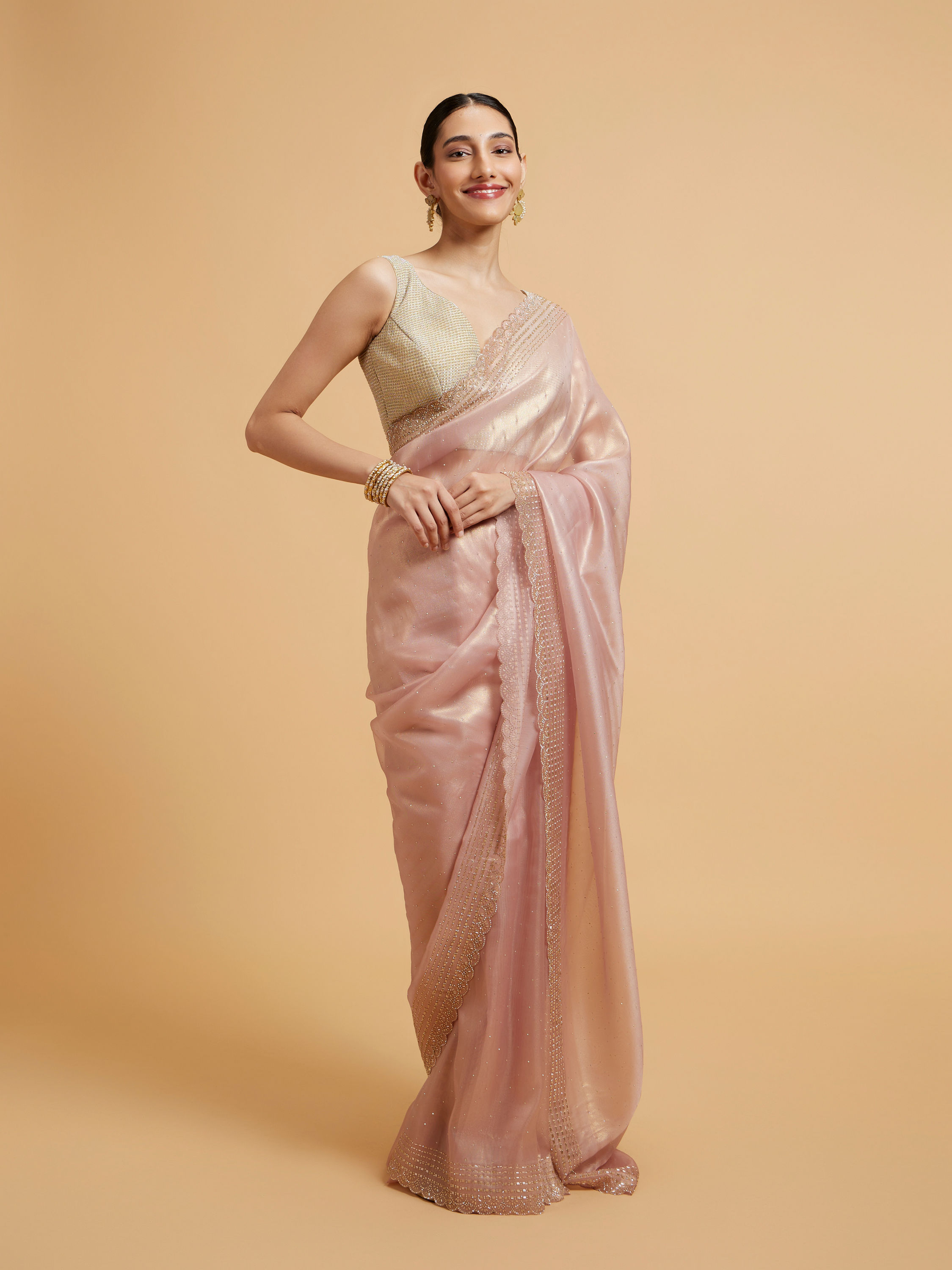 Mohey Women Blush Pink Saree with Cutdana and Rhinestone Work