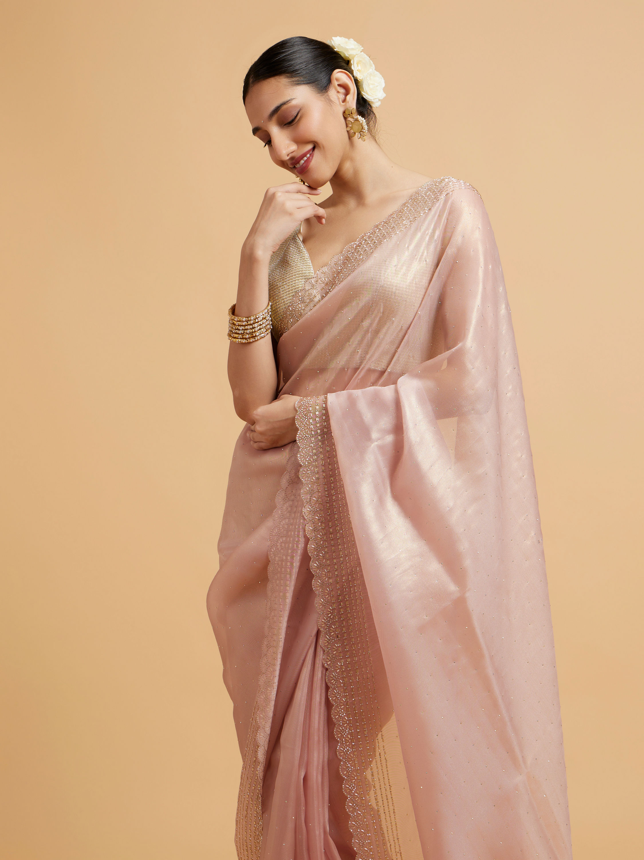 Mohey Women Blush Pink Saree with Cutdana and Rhinestone Work