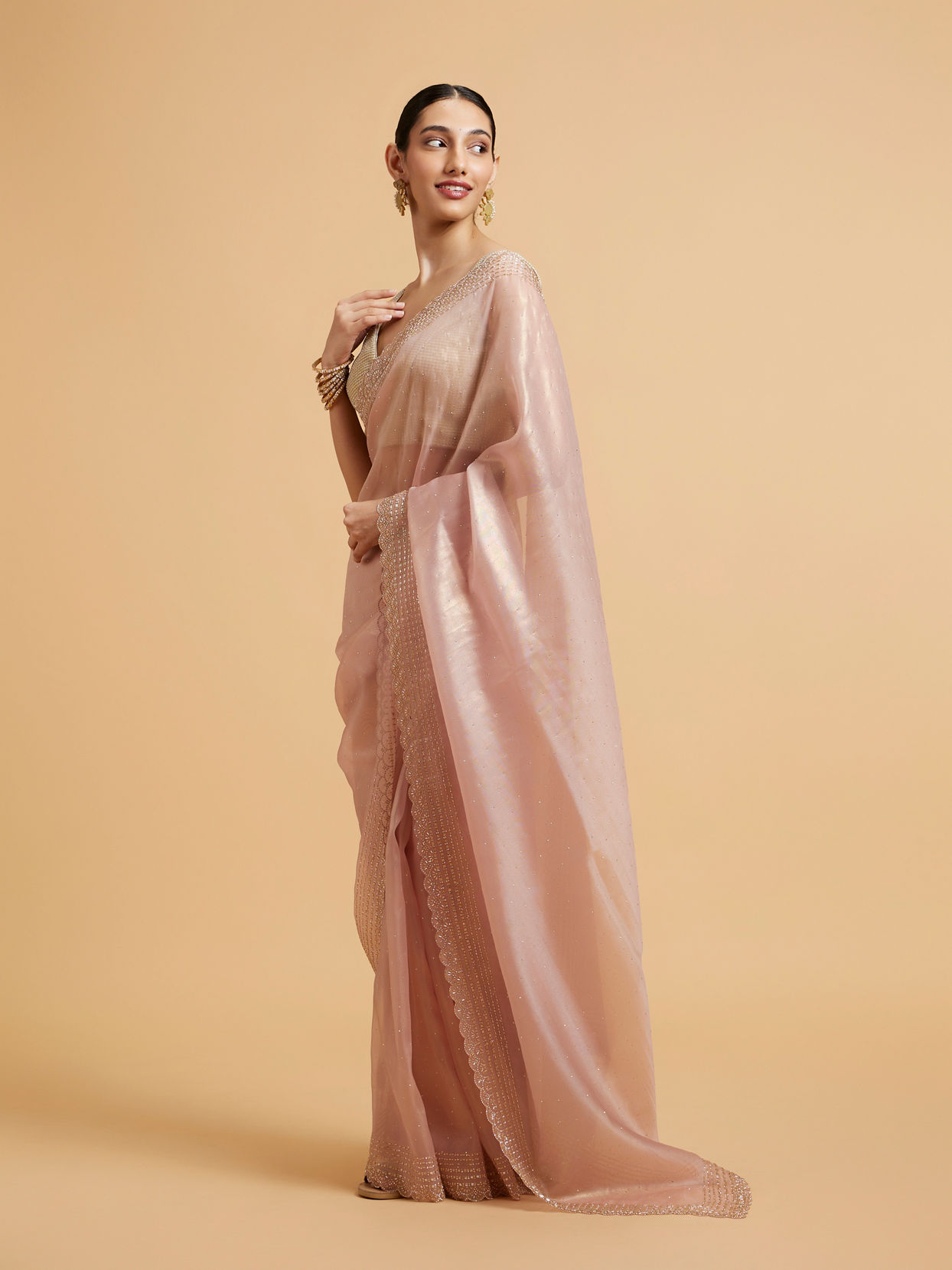 Mohey Women Blush Pink Saree with Cutdana and Rhinestone Work