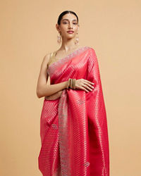 Mohey Women Cerise Pink Buta Jaal Patterned Saree with Rhinestone Paisley Saree