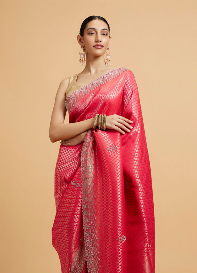 Mohey Women Cerise Pink Buta Jaal Patterned Saree with Rhinestone Paisley Saree