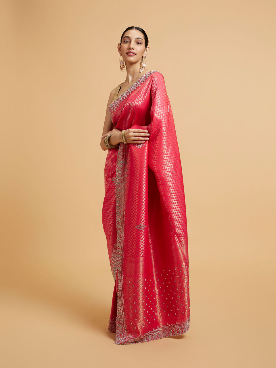 Mohey Women Cerise Pink Buta Jaal Patterned Saree with Rhinestone Paisley Saree
