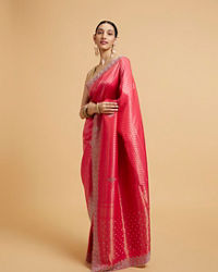 Mohey Women Cerise Pink Buta Jaal Patterned Saree with Rhinestone Paisley Saree