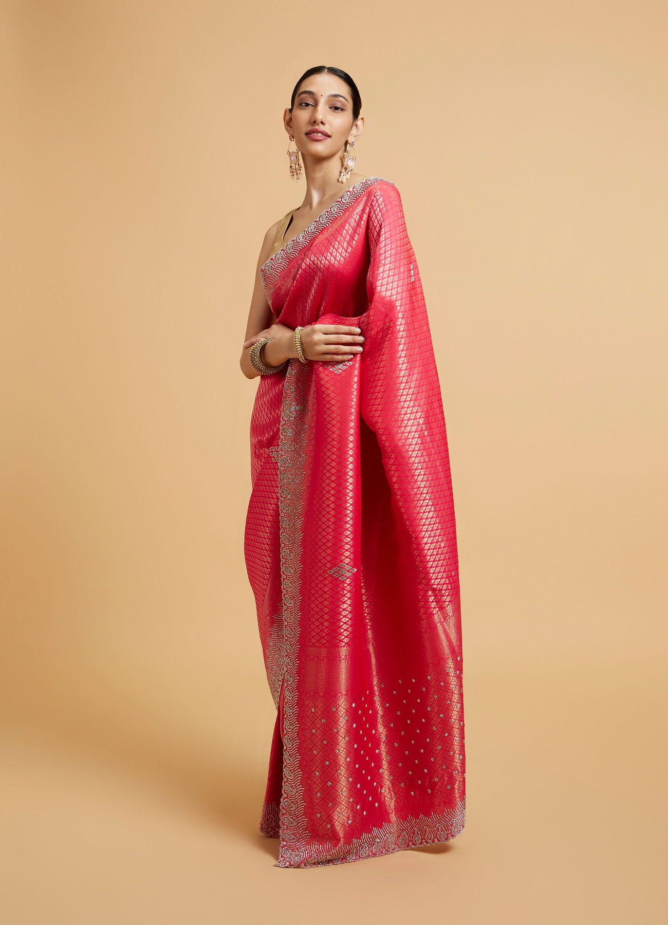 Mohey Women Cerise Pink Buta Jaal Patterned Saree with Rhinestone Paisley Saree