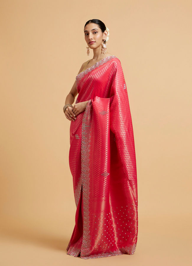 Mohey Women Cerise Pink Buta Jaal Patterned Saree with Rhinestone Paisley Saree
