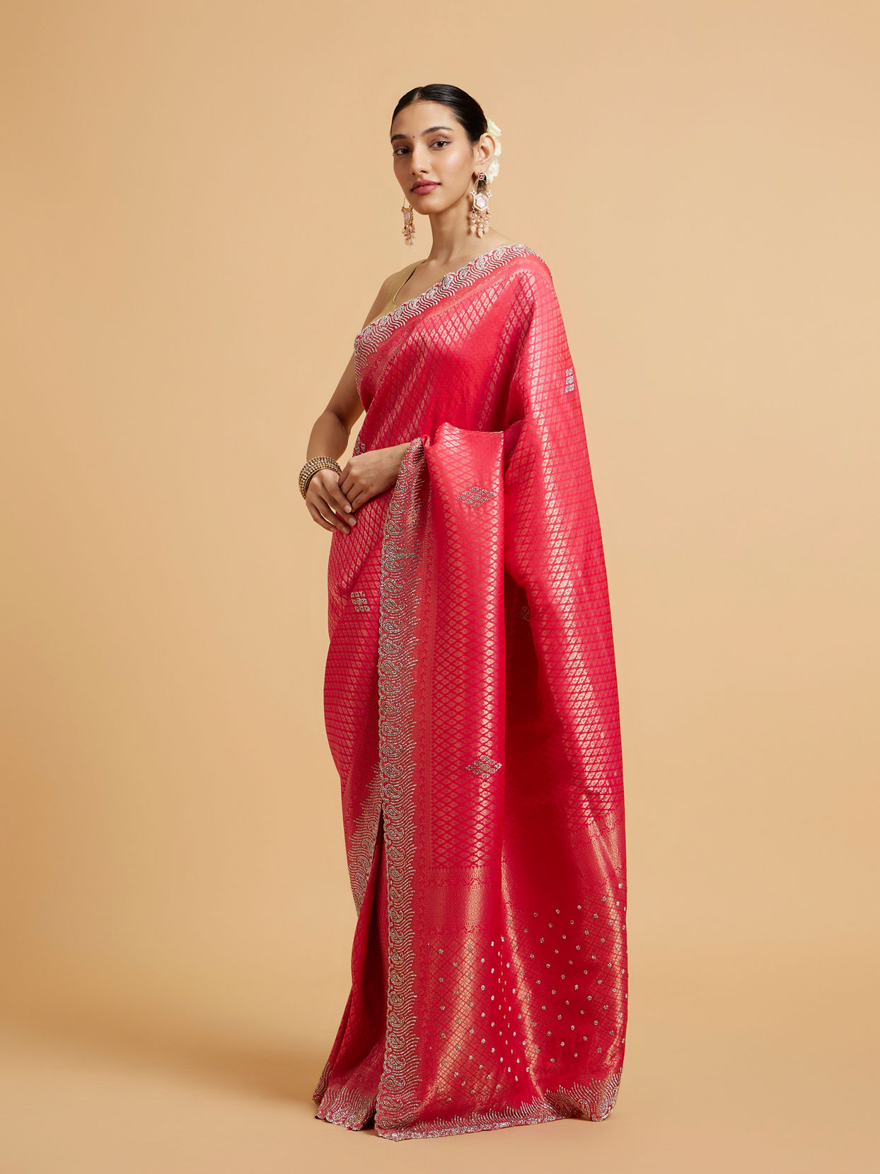 Mohey Women Cerise Pink Buta Jaal Patterned Saree with Rhinestone Paisley Saree