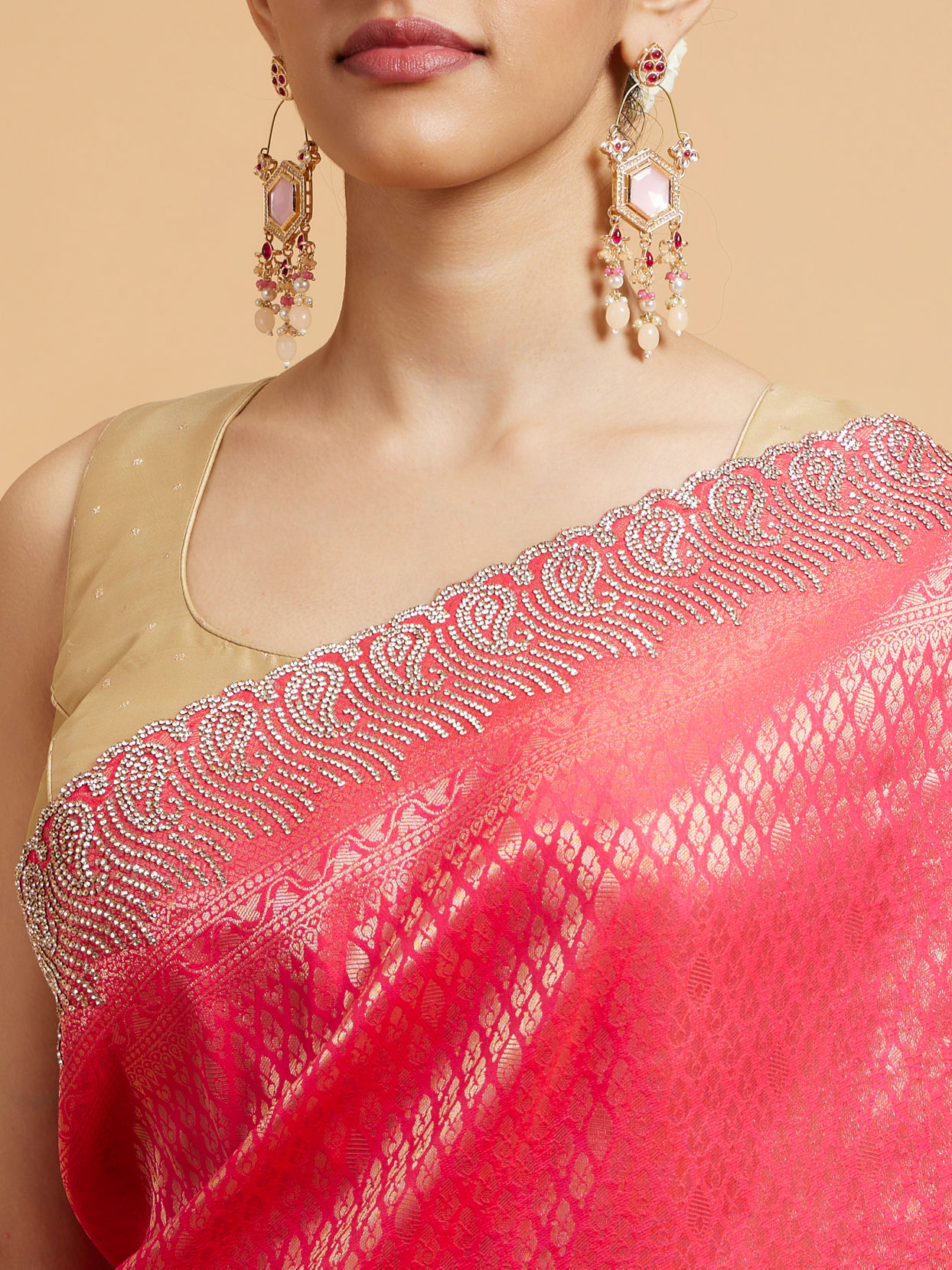 Mohey Women Cerise Pink Buta Jaal Patterned Saree with Rhinestone Paisley Saree