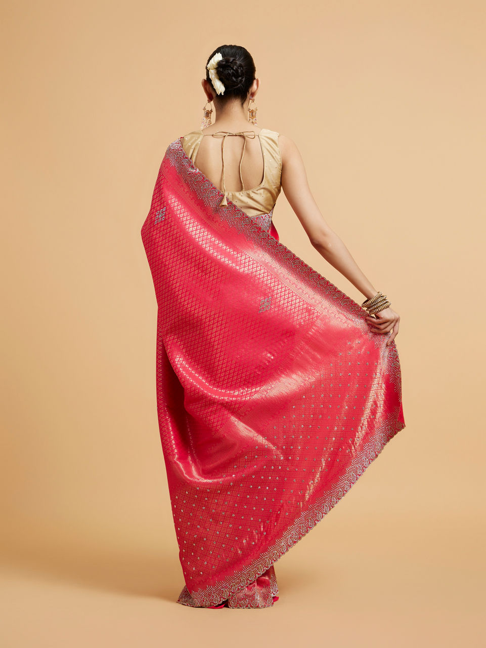 Mohey Women Cerise Pink Buta Jaal Patterned Saree with Rhinestone Paisley Saree