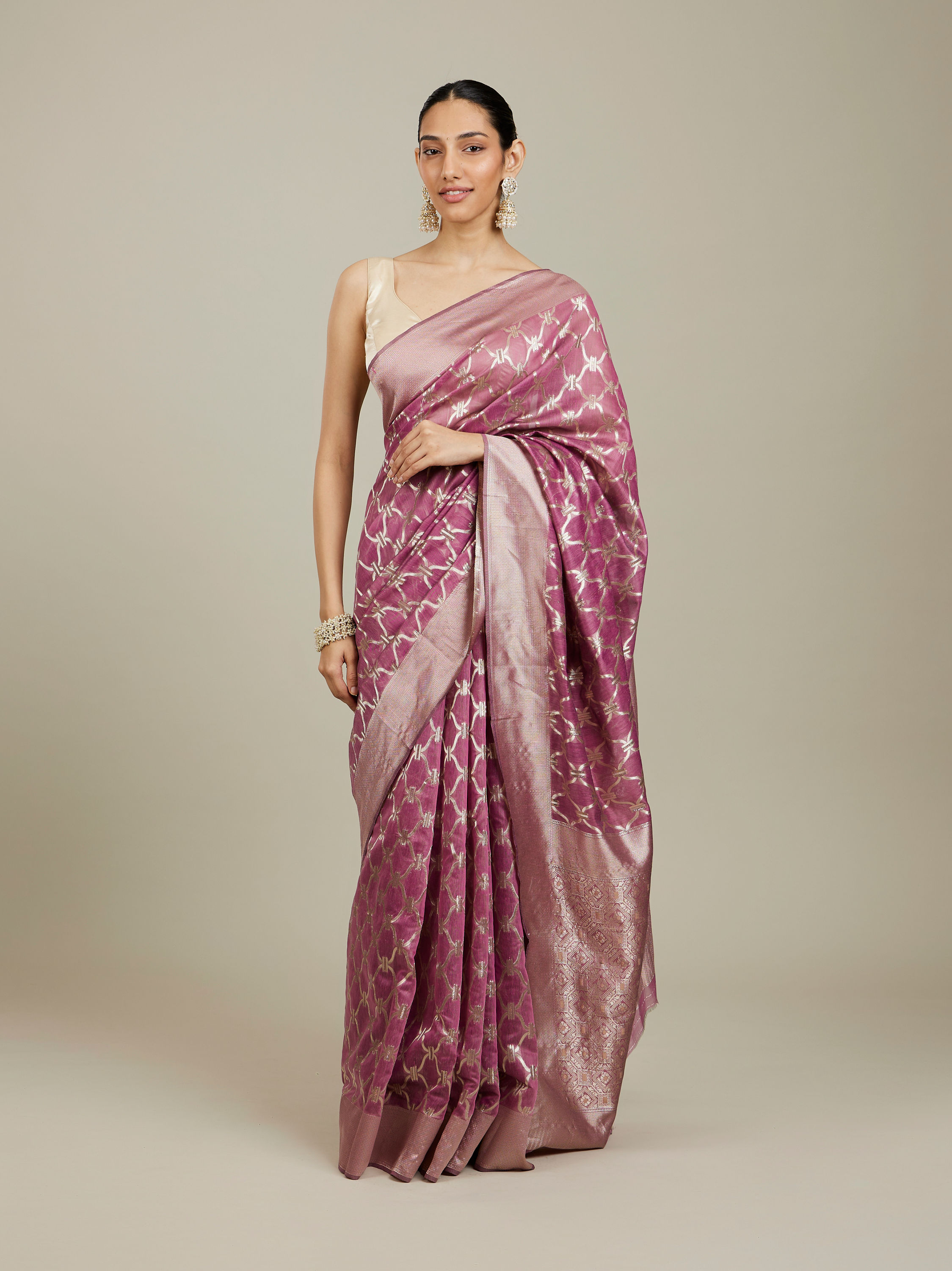 Mohey Women Damson Purple Jaal Patterned Saree with Intricate Borders