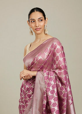 Mohey Women Damson Purple Jaal Patterned Saree with Intricate Borders image number 1