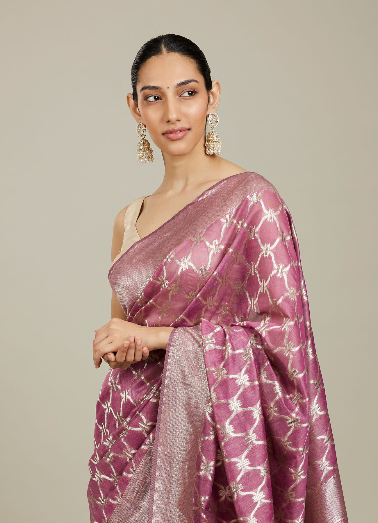 Mohey Women Damson Purple Jaal Patterned Saree with Intricate Borders