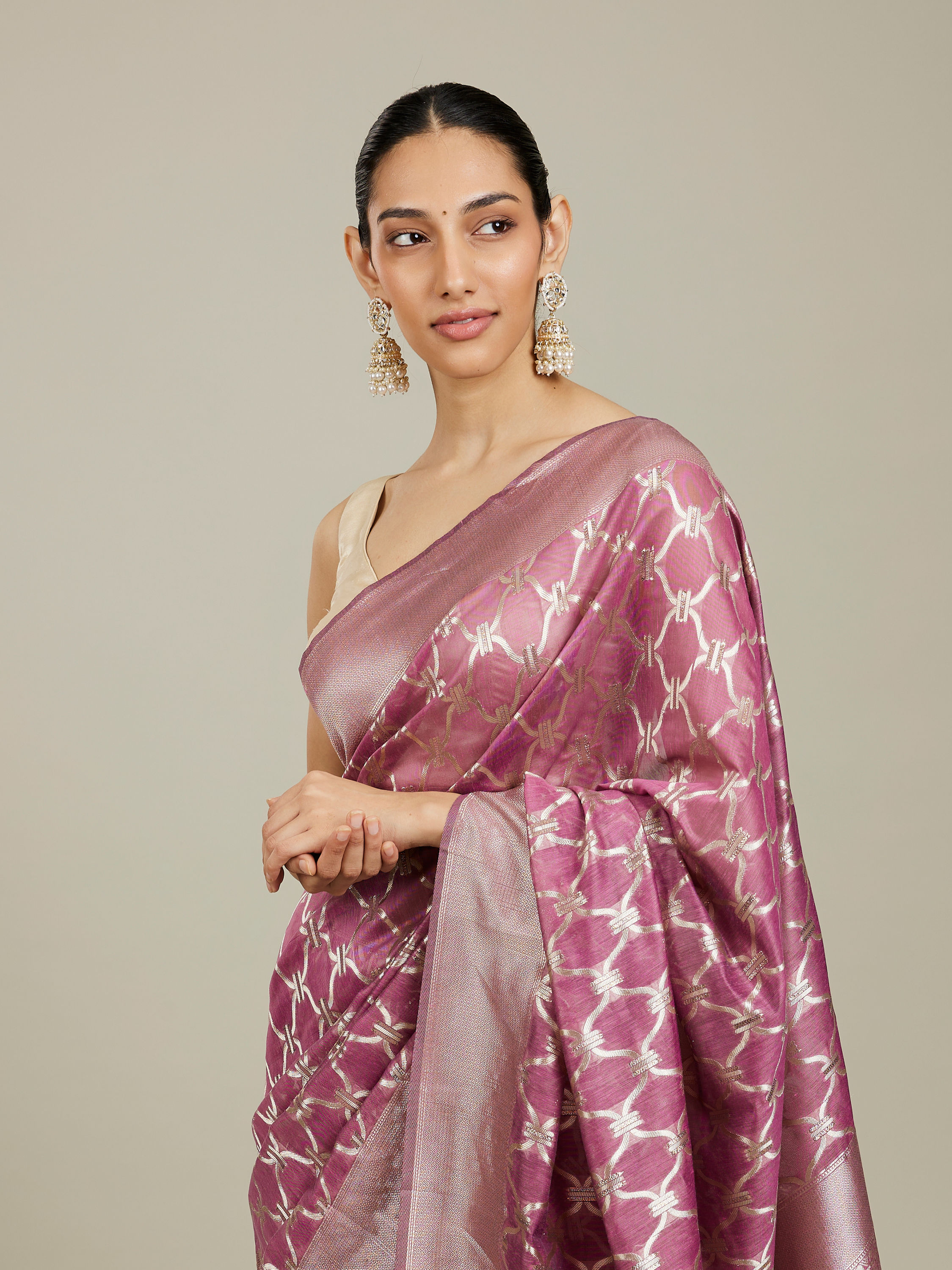 Mohey Women Damson Purple Jaal Patterned Saree with Intricate Borders