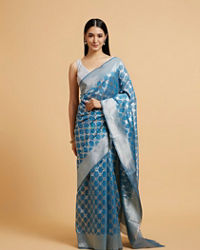 Mohey Women Maya Blue Jaal Patterned Saree with Intricate Borders