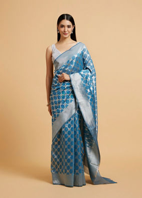 Mohey Women Maya Blue Jaal Patterned Saree with Intricate Borders