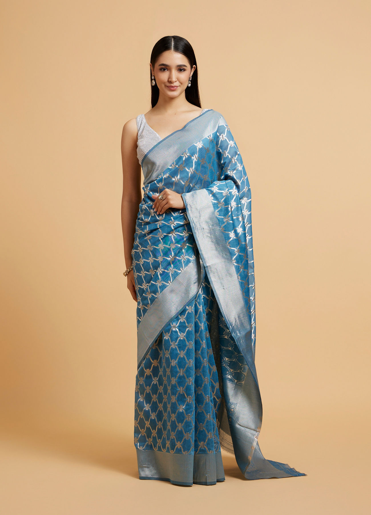 Mohey Women Maya Blue Jaal Patterned Saree with Intricate Borders