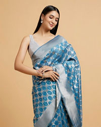 Mohey Women Maya Blue Jaal Patterned Saree with Intricate Borders