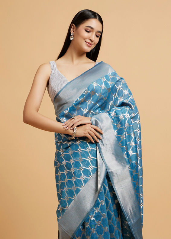 Mohey Women Maya Blue Jaal Patterned Saree with Intricate Borders