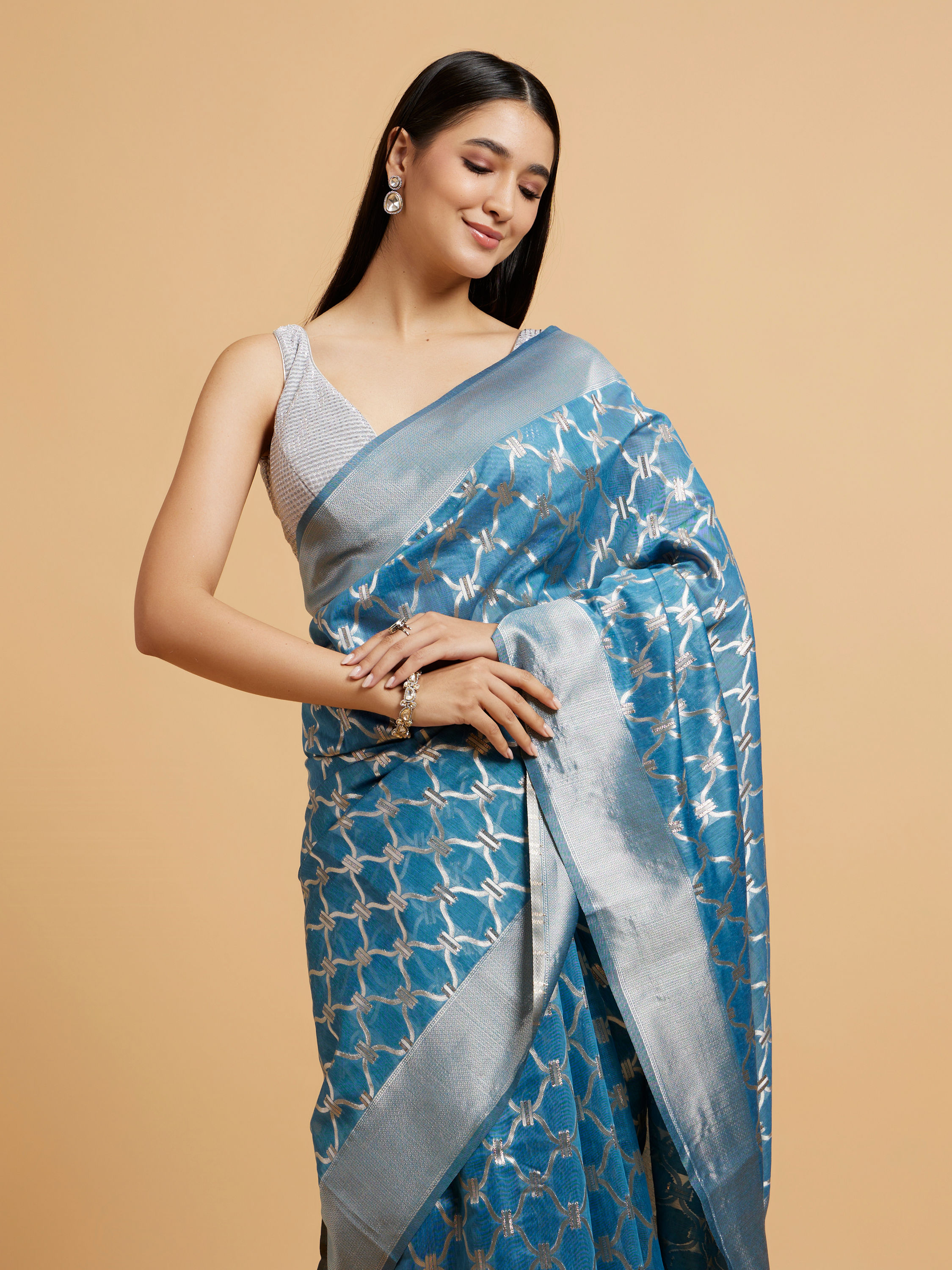 Mohey Women Maya Blue Jaal Patterned Saree with Intricate Borders