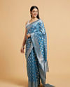 Mohey Women Maya Blue Jaal Patterned Saree with Intricate Borders