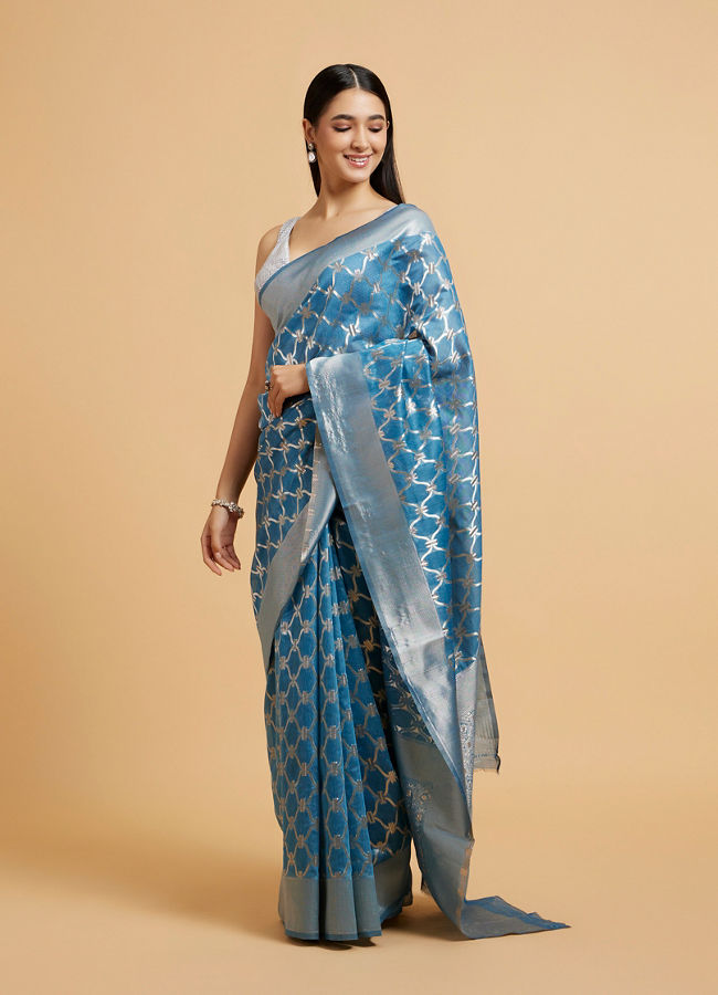 Mohey Women Maya Blue Jaal Patterned Saree with Intricate Borders
